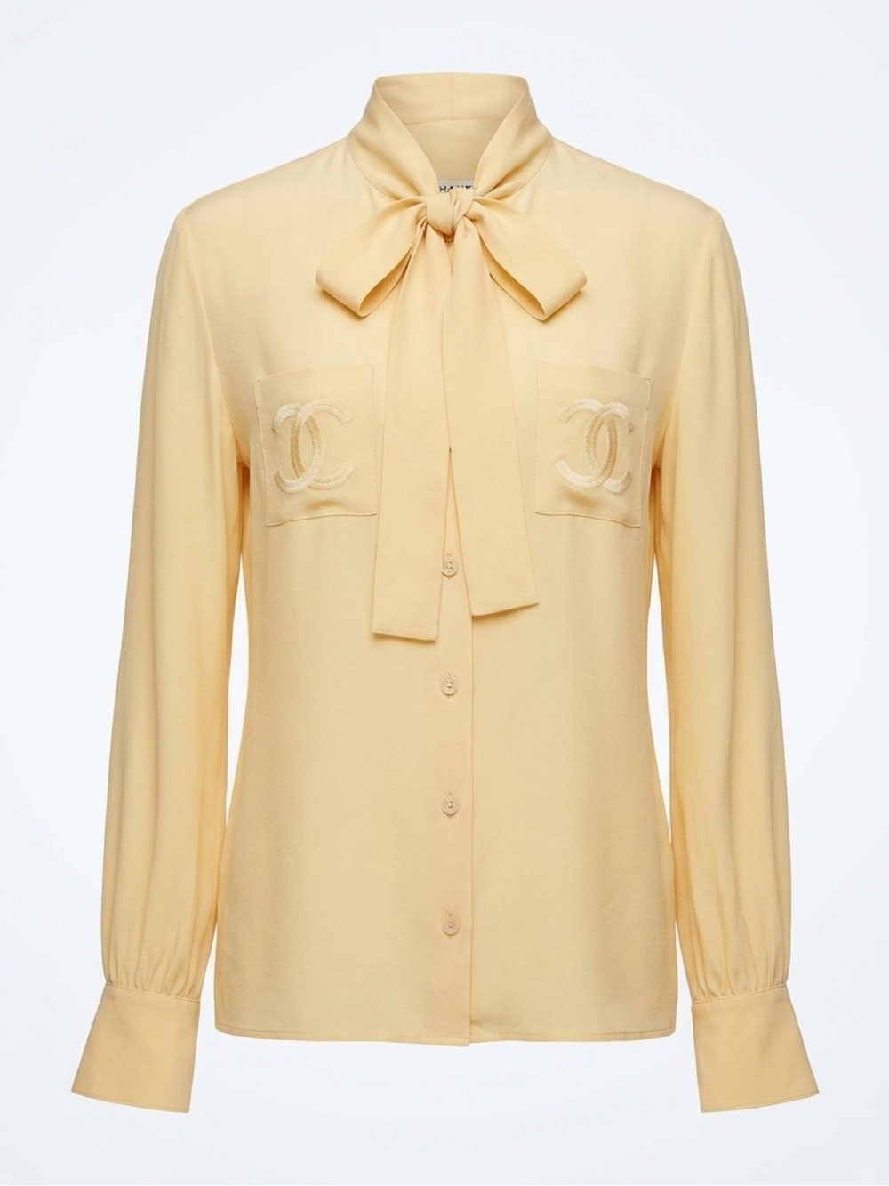 CHANEL Creations VTG 70s Silk Bow-Tie Blouse, CC pockets, egg/beige, XS, Fair